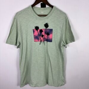 GAP Graphic T Shirt Mens L Sage Green Palm Tree Sunset Cotton Casual Tee